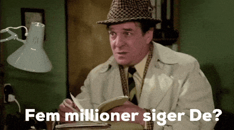 a man in a hat is sitting at a desk with the words fem millioner siger de written below him