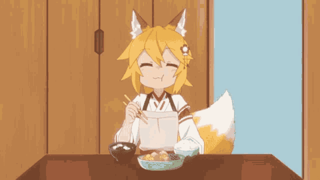 a fox girl is sitting at a table eating a meal with chopsticks .