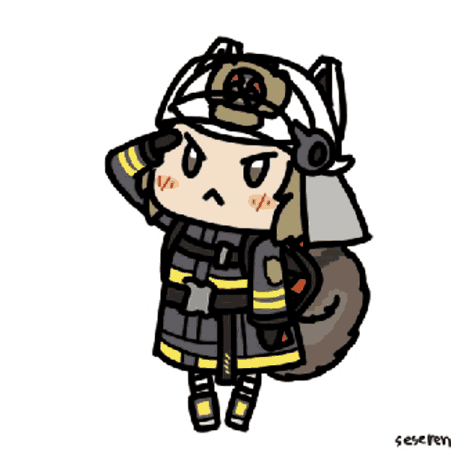 a drawing of a fireman with the name seseren on the bottom right corner