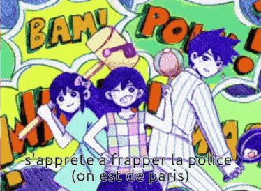 a group of anime characters are standing in front of a speech bubble that says bam !