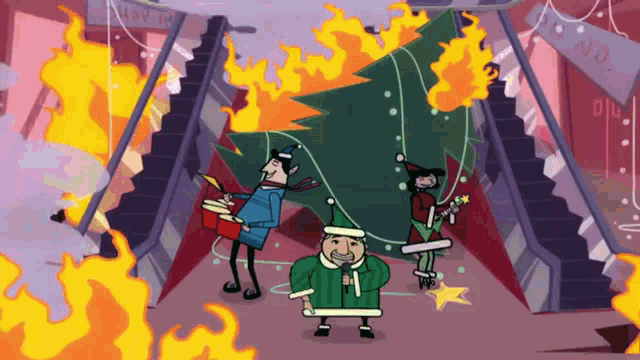 a cartoon of a man holding a christmas tree in front of a building that is on fire