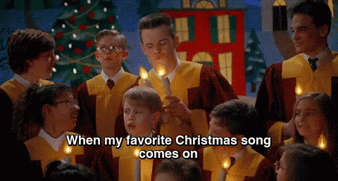 a group of children singing christmas songs with the words when my favorite christmas song comes on