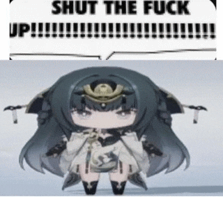 a little girl with long hair is standing next to a sign that says `` shut the fuck up ! ''
