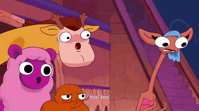 a group of cartoon characters are standing next to each other and one of them says yes
