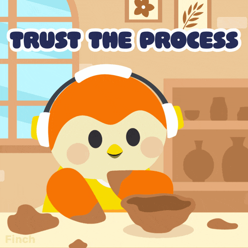 a cartoon of a bird wearing headphones with the words trust the process