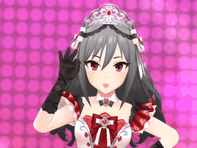 a girl with a tiara on her head and gloves