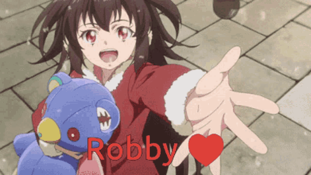 a girl is holding a stuffed animal and the word robby is on her hand