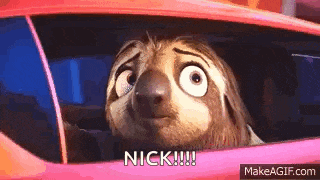 a cartoon sloth is sticking its head out of a car window and saying `` nick '' .