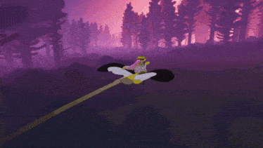 a cartoon character is flying through a forest with a purple sky in the background