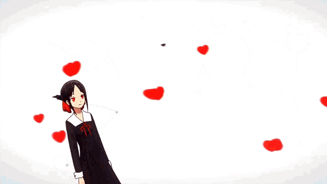 a group of anime girls are standing next to each other with red hearts around them