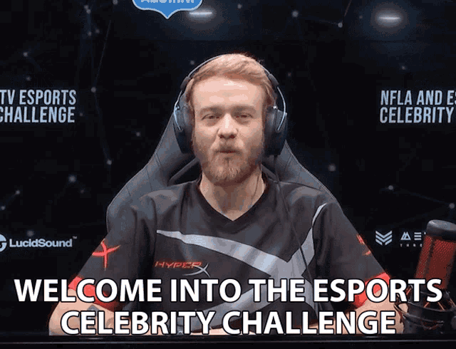 a man wearing headphones with the words welcome into the esports celebrity challenge below him