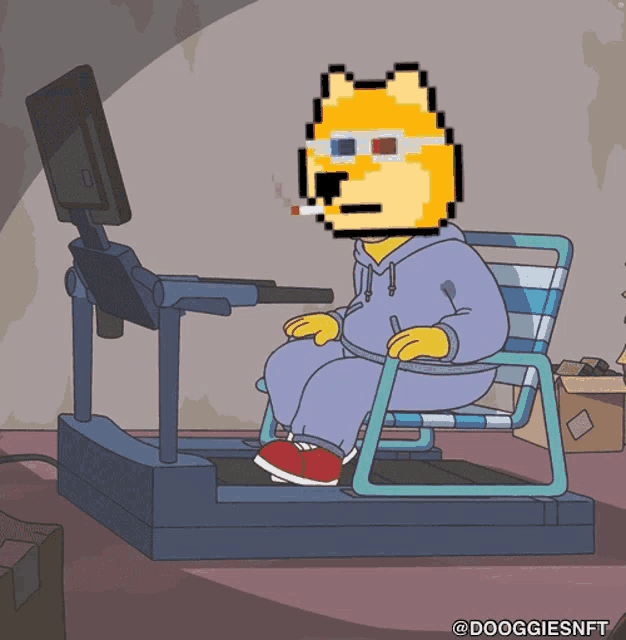 a doggie sitting on a treadmill with a cigarette in his mouth