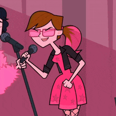 a cartoon girl with pink hair and glasses singing into a microphone