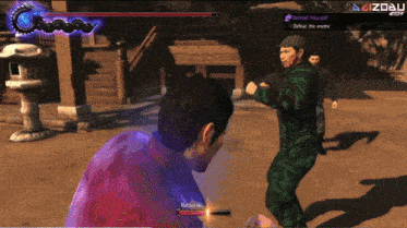 a video game screen shows a man fighting another man and the words defend yourself on the bottom