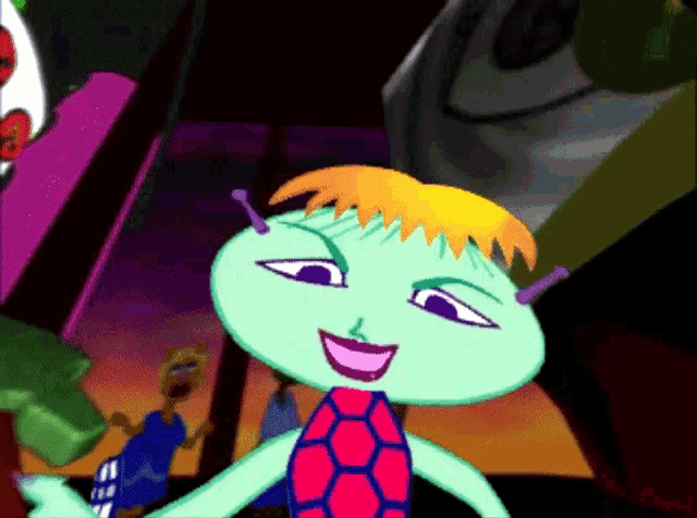 a green cartoon character with yellow hair and purple eyes