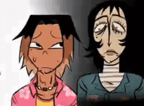 a cartoon of a man in a pink shirt and a woman in a blue jacket making funny faces