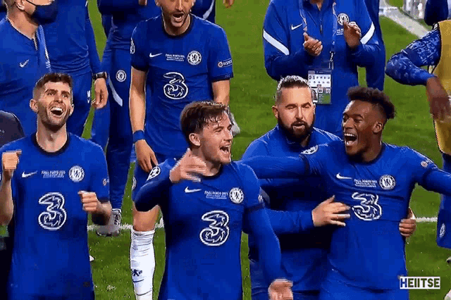 a group of soccer players wearing blue jerseys with the number 3 on them are standing on a field .