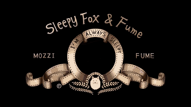 a sleepy fox and fume logo with a white dog in the center