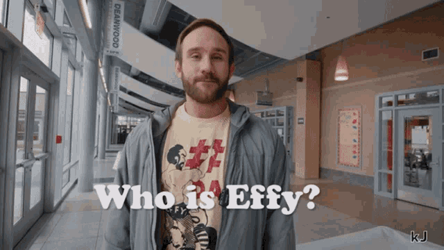 a man standing in a hallway with the words who is effy on the bottom