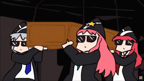 a cartoon of three people carrying a coffin with a star on it
