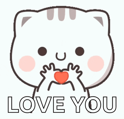 a cartoon cat is making a heart with its hands and the words love you behind it