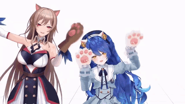 two anime girls are standing next to each other with their paws out