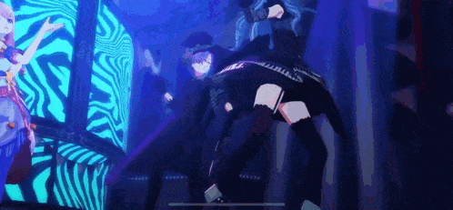 a couple of anime characters are dancing on a stage in a dark room .