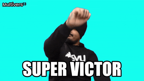 a man wearing a beanie and a sweatshirt with the word super victor on it