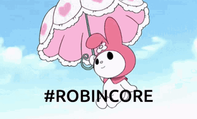a cartoon of a rabbit holding an umbrella with the words #robincore below it