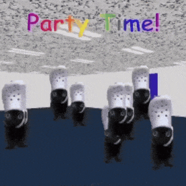 a group of black and white crocs are dancing with the words party time written above them