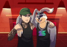 a man and a rabbit are hugging each other in a cartoon