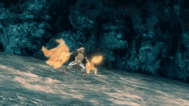 a cartoon character is holding a torch and a flame coming out of it