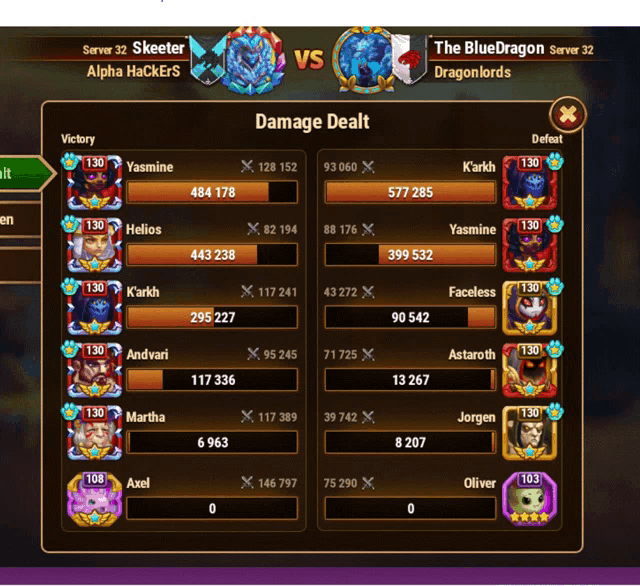 a screenshot of a game showing the damage dealt between the bluedragon and alpha hackers