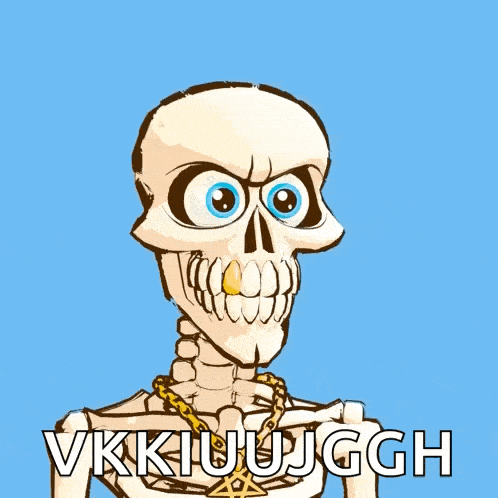a cartoon of a skeleton with a gold chain around his neck and the words vkkijuujggh on the bottom