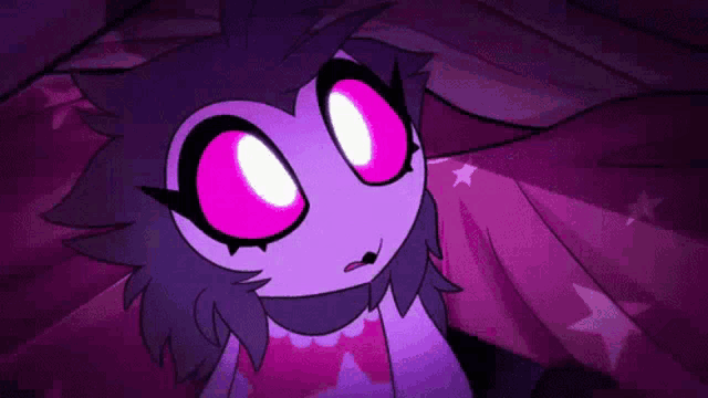 a cartoon character with purple hair and pink eyes is looking at the camera .
