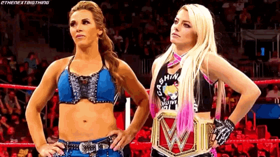 two female wrestlers are standing next to each other in a wrestling ring .