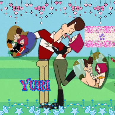 a cartoon of a man kissing a woman with the word yuri written in blue