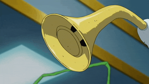 a cartoon drawing of a trumpet hanging from the ceiling in a room