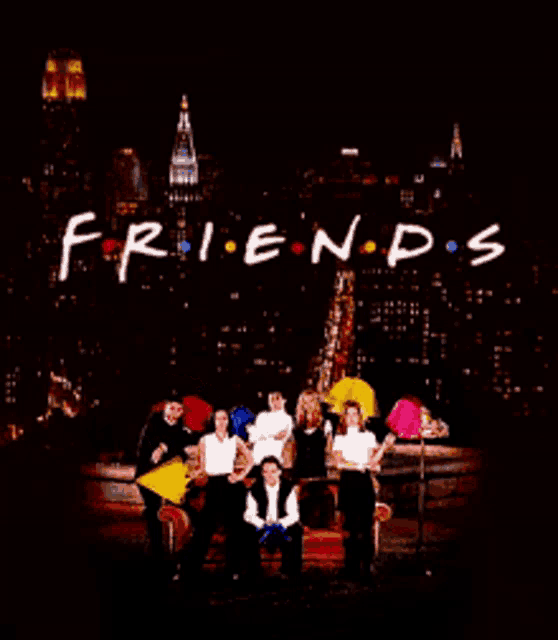 a poster for friends shows a group of people holding umbrellas in front of a city skyline