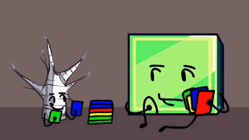 a cartoon drawing of a tree and a green box with faces