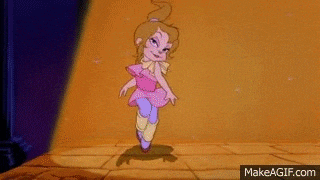 a cartoon girl in a pink dress and purple pants is dancing on a tiled floor .