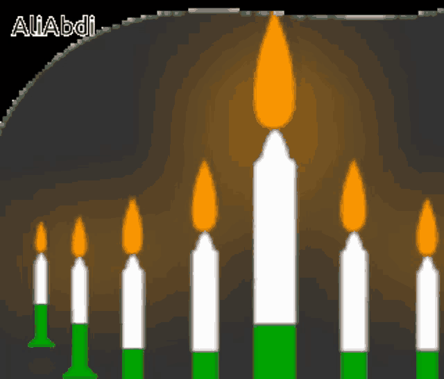 a row of candles with the word allabdi on the bottom right