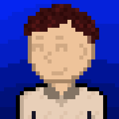 a pixel art drawing of a man 's face with a blue background