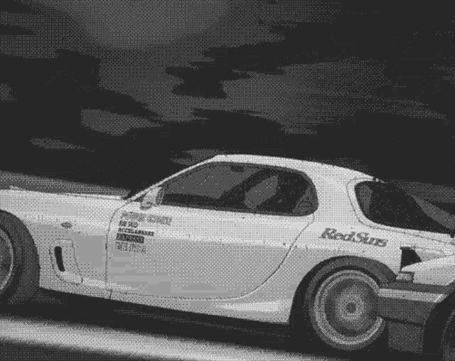 a black and white drawing of a white car with red sun written on the side