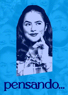a woman 's face is on a blue background with the word pensando below it