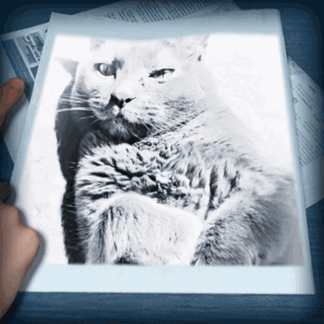 a person is holding a piece of paper with a picture of a cat and kitten on it