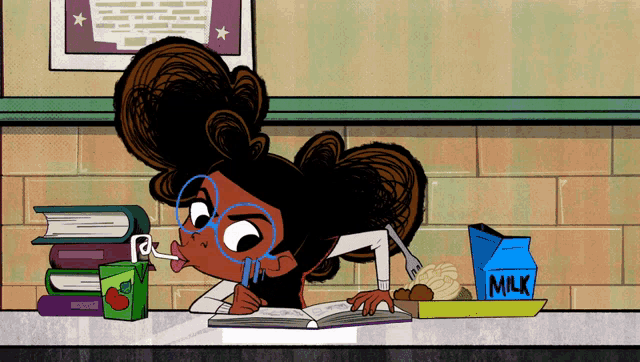 a box of milk sits on a counter next to a cartoon girl