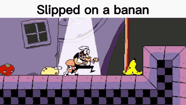 a cartoon character is sliding on a banana in a game