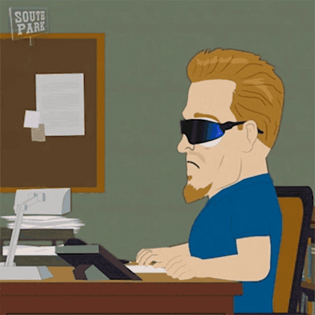 a cartoon of a man sitting at a desk with a south park sign hanging on the wall behind him