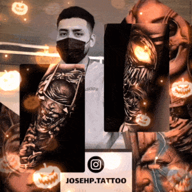 a man wearing a mask has a tattoo of the joker and venom on his arm